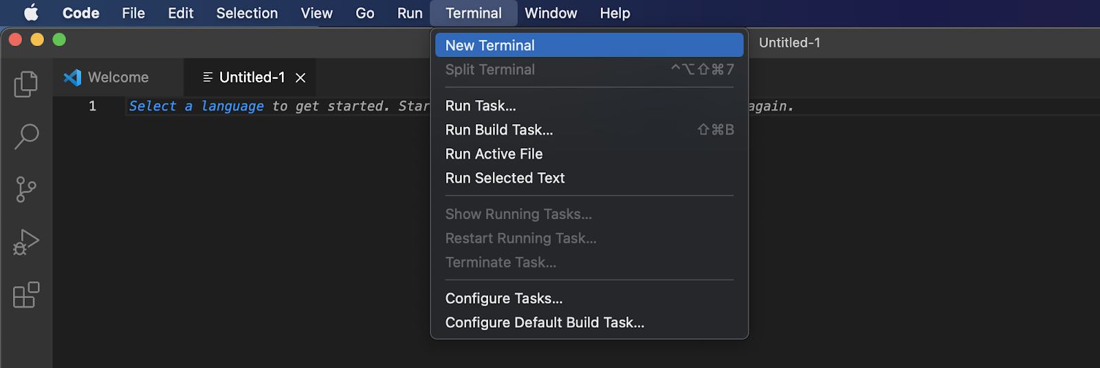 Visual Studio Code with a new terminal opened.