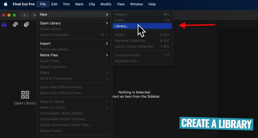 The first step of creating a video in Final Cut Pro is creating a new library