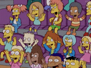 Simpsons gif of a crowd of students sat in chairs cheering waving their arms.