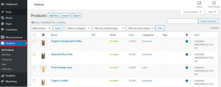 mục sản phẩm của WooCommerce
