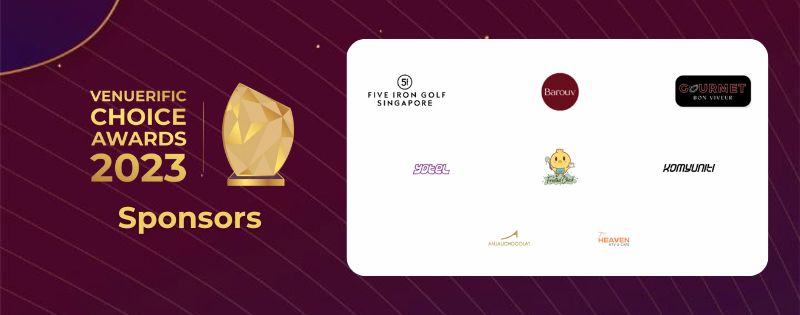 Venuerific Choice Awards 2023 logo next slew of sponsors: Five Iron Golf Singapore, Barouv, Gourmet Bon Viveur, Yotel, The Frosted Chick, KOMYUNITI, AnjaliChocolat, and 7th Heaven Cafe with logos.