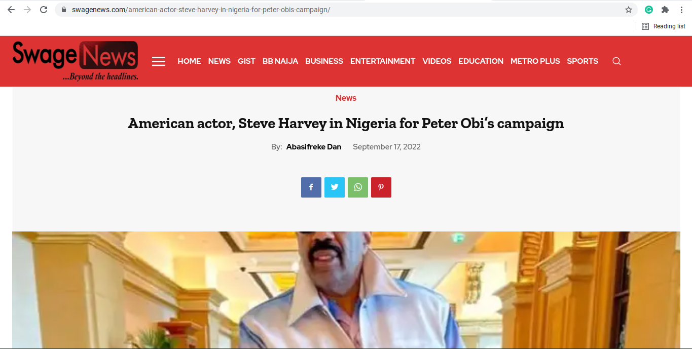Steve Harvey ò wá sí Nàìjíríà láti wá ṣe ìpolongo ìdìbò fún Peter Obi
