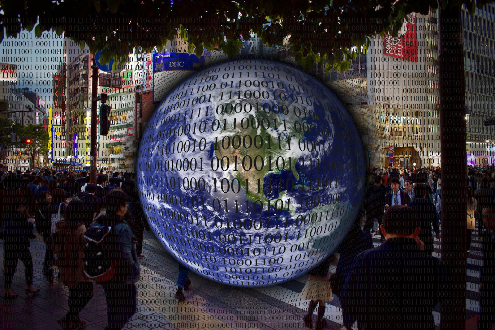 Planeta Ziemia na tle miasta, pokryta kodem binarnym