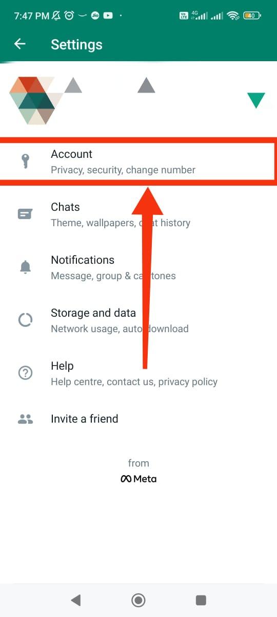 In the WhatsApp setting and Account option is highlighted using arrow