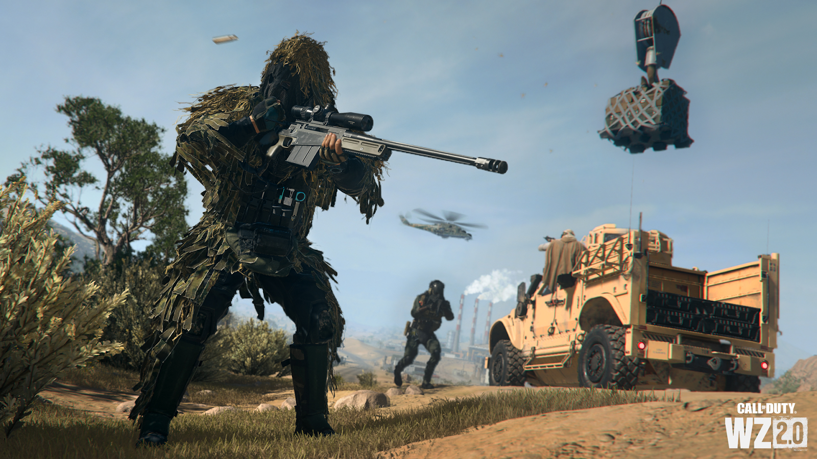 image from the game call of duty warzone showing a player using a sniper to shoot along with a car and an airdrop on the background