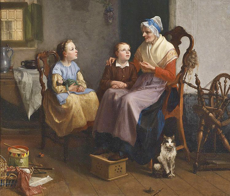 Grandmother tells something to her grandchildren