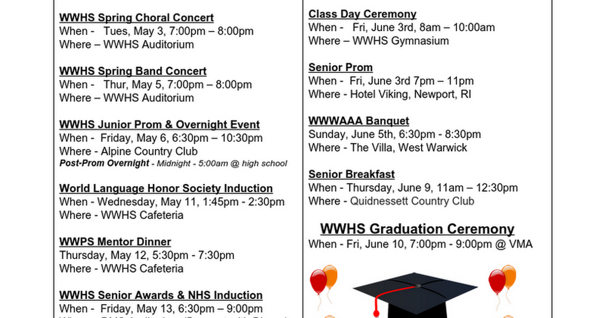 WWHS Spring Events 2016