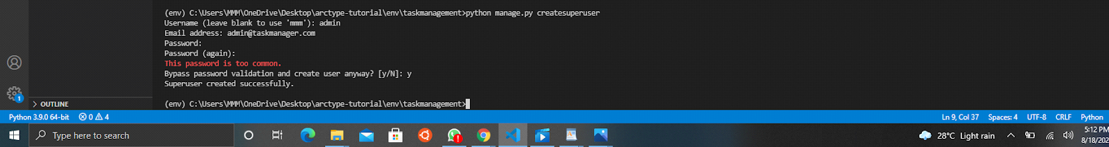 Screenshot of creating a superuser