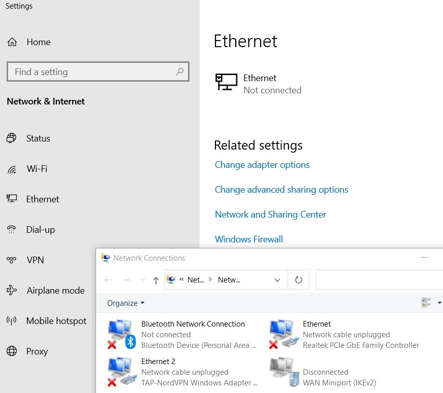 Windows Ethernet settings creen