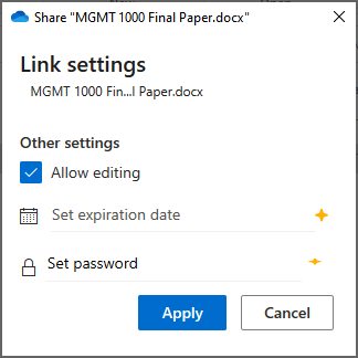 Screenshot showing Link settings popup box