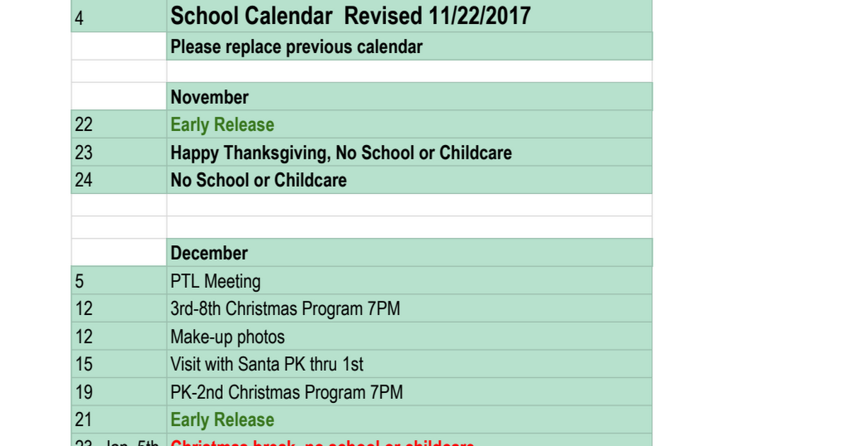 School Calendar November Revision