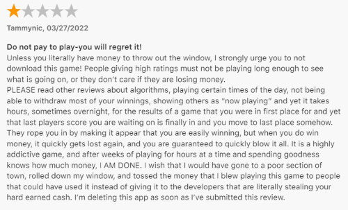 A negative Bingo Cash review from a former player who lost money on the app. 