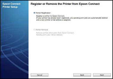 Epson Connect Printer Setup Register or Remove the Printer from Epson Connect window
