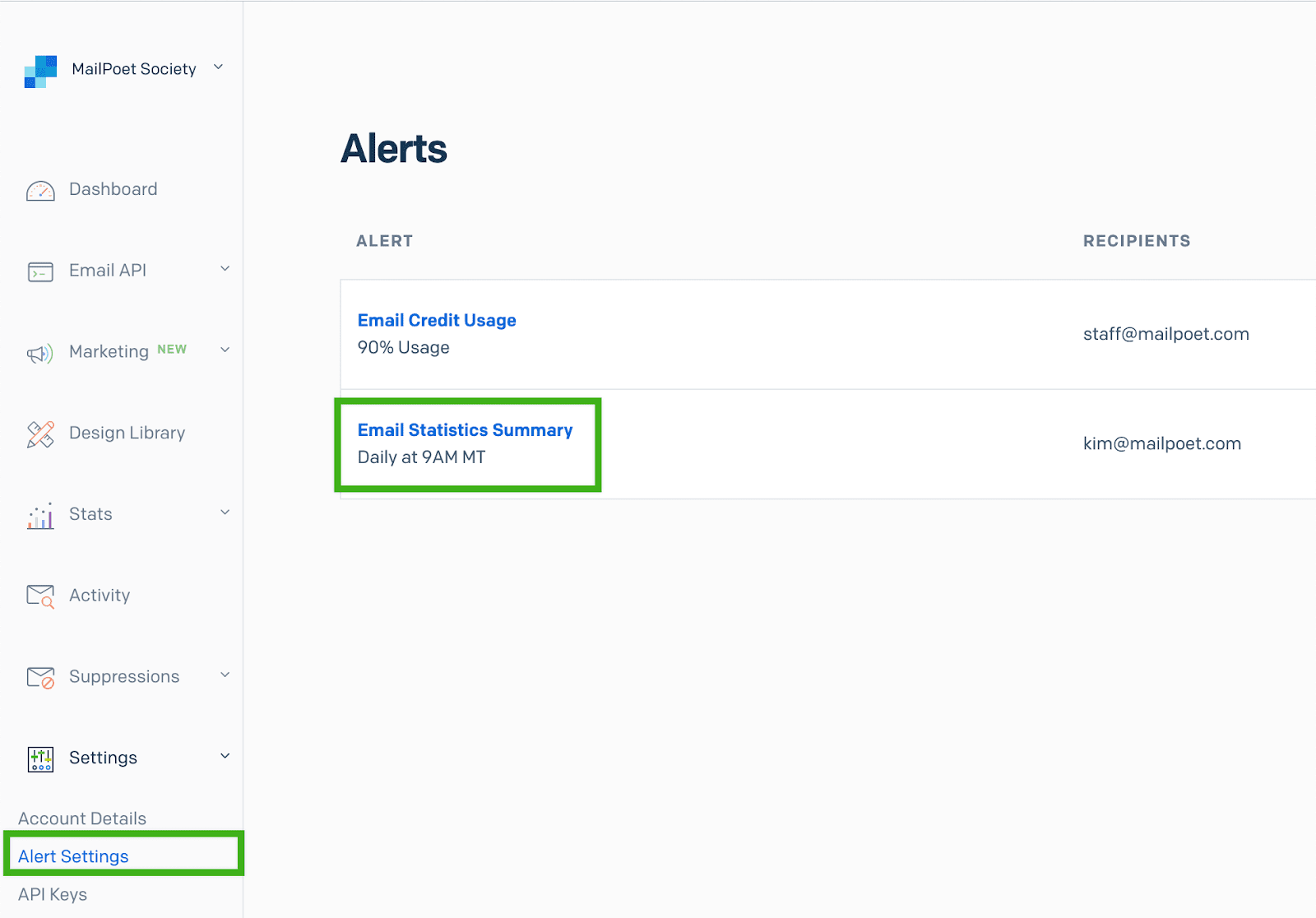 Screenshot of SendGrid's Alerts settings