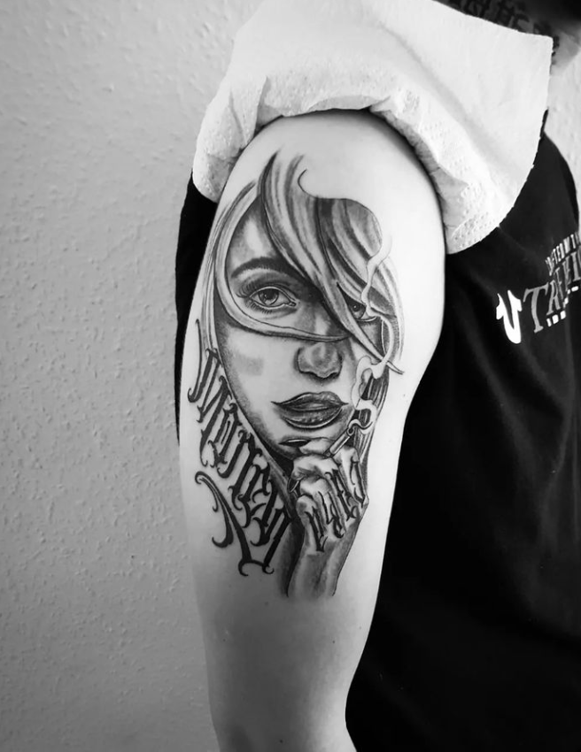 Chicano Style Girl With Letters Girl Face Tattoo Design
