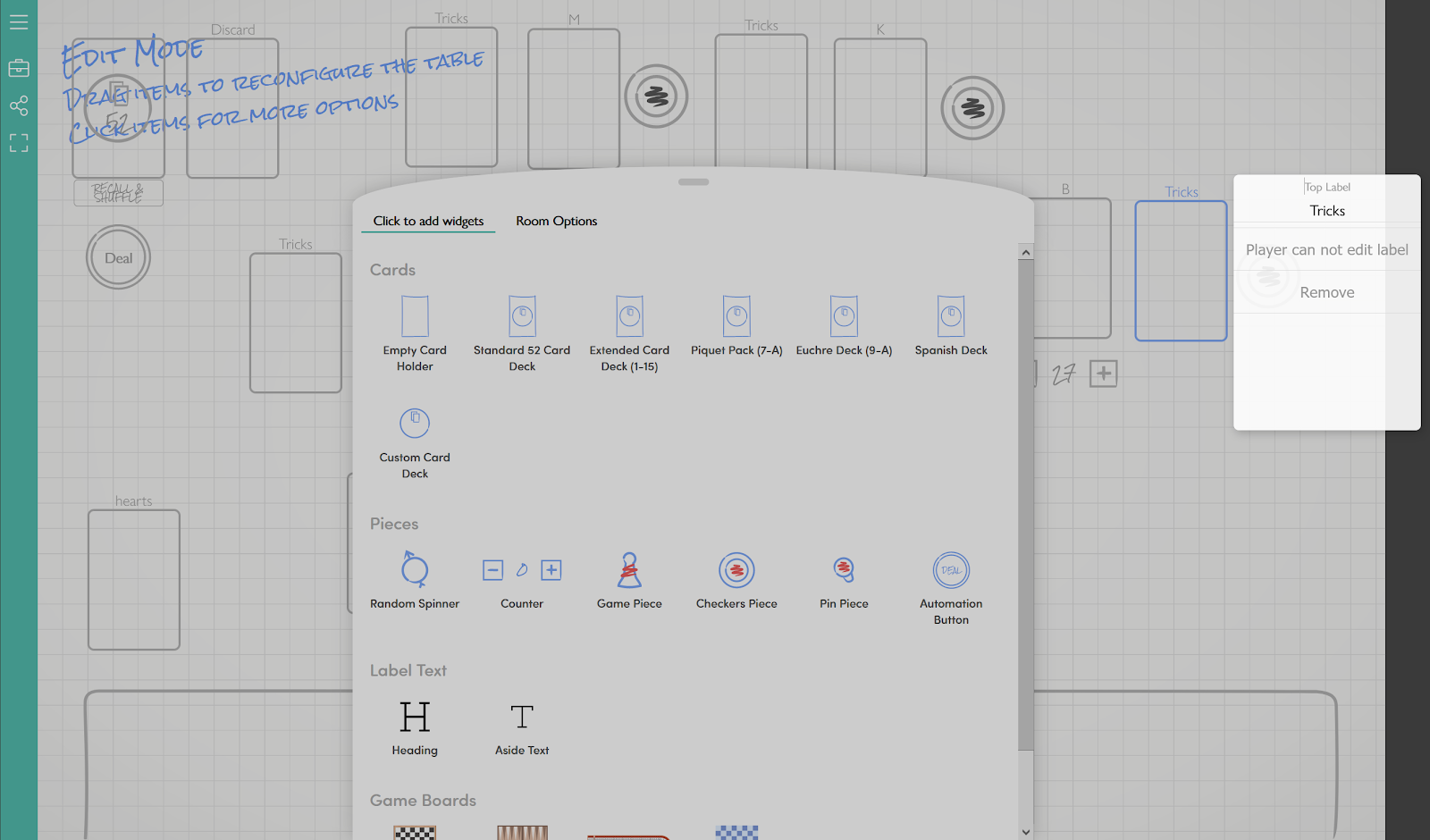 A screenshot of editing a virtual table on playingcards.io. A menu in front of the virtual tabletop offers different options for various game component types. 