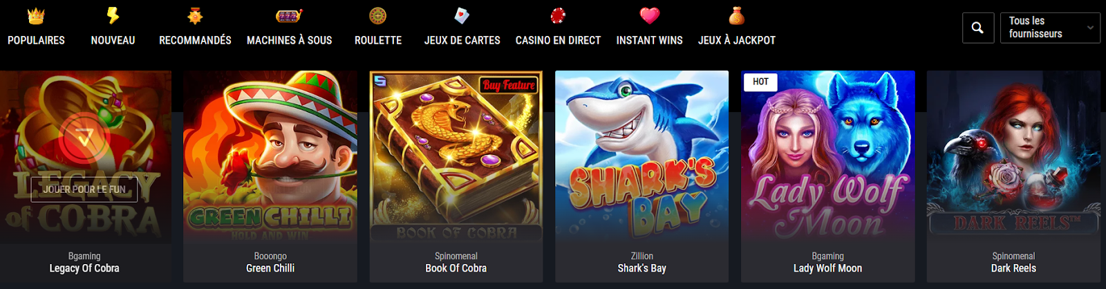 Catalogue de jeux Cobra Casino