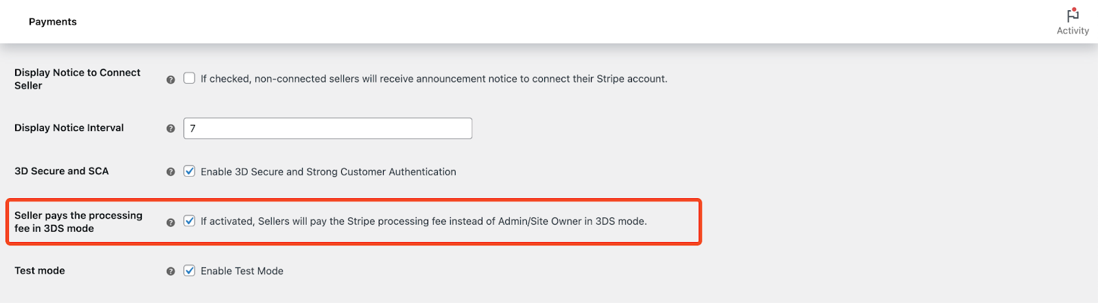 A screenshot of the Dokan Stripe Module seller processing fee