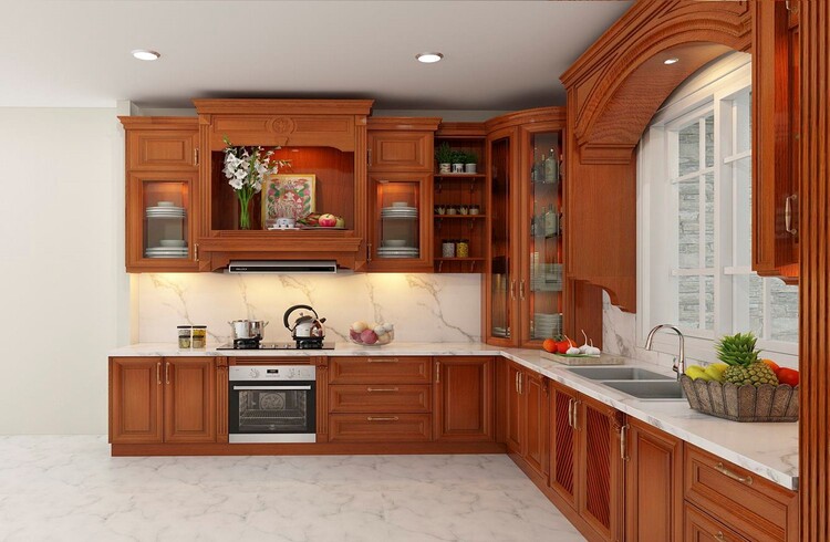 Màu sắc gỗ tươi, vân gỗ đẹp tăng sự ấm cúng cho không gian bếp gia đình. 