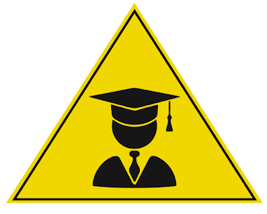 A yellow, triangular caution symbol with the silhouette of a scholar in the center.
