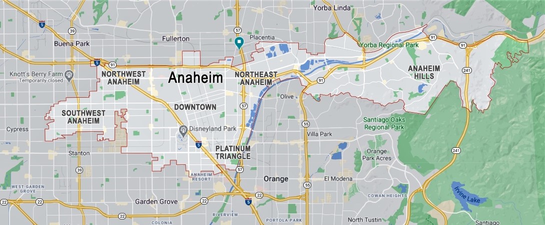 A map of Anaheim, CA, that spotlights some of the main neighborhoods within the area