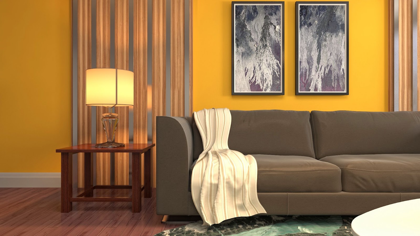 room with marigold colour walls and brown furniture