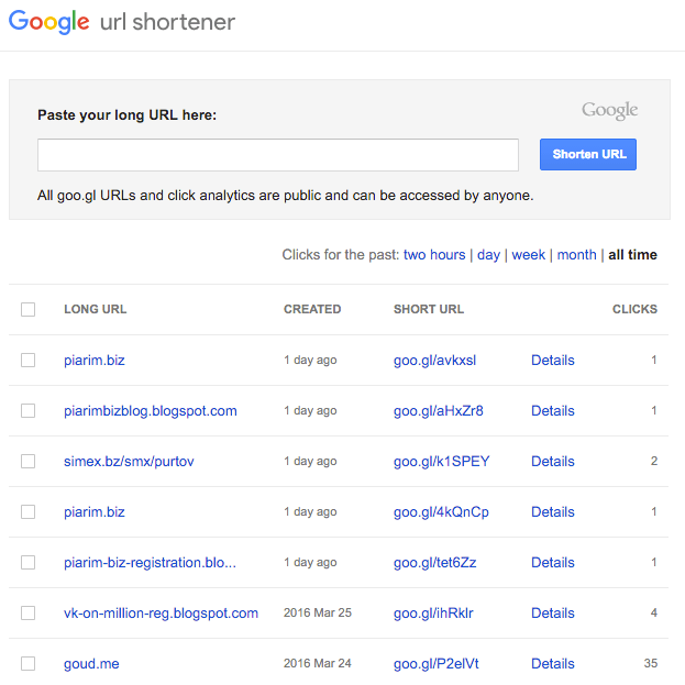 Goo.gl - Список наших сокращенных ссылок