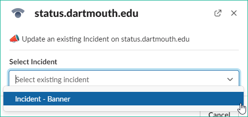 screenshot of Slack app to update an incident