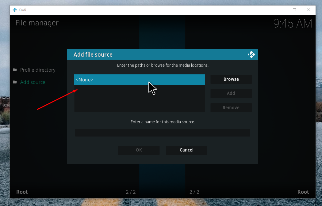 Screenshot within Kodi's File manager highlighting Add file source