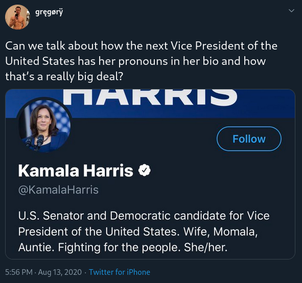 Tweet showing a white liberal praising Kamala for putting pronouns in her twitter bio