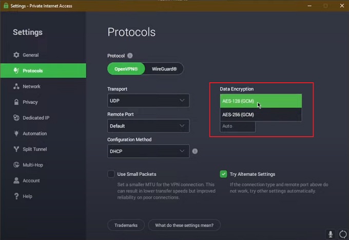 VPN Encryption and protocol settings