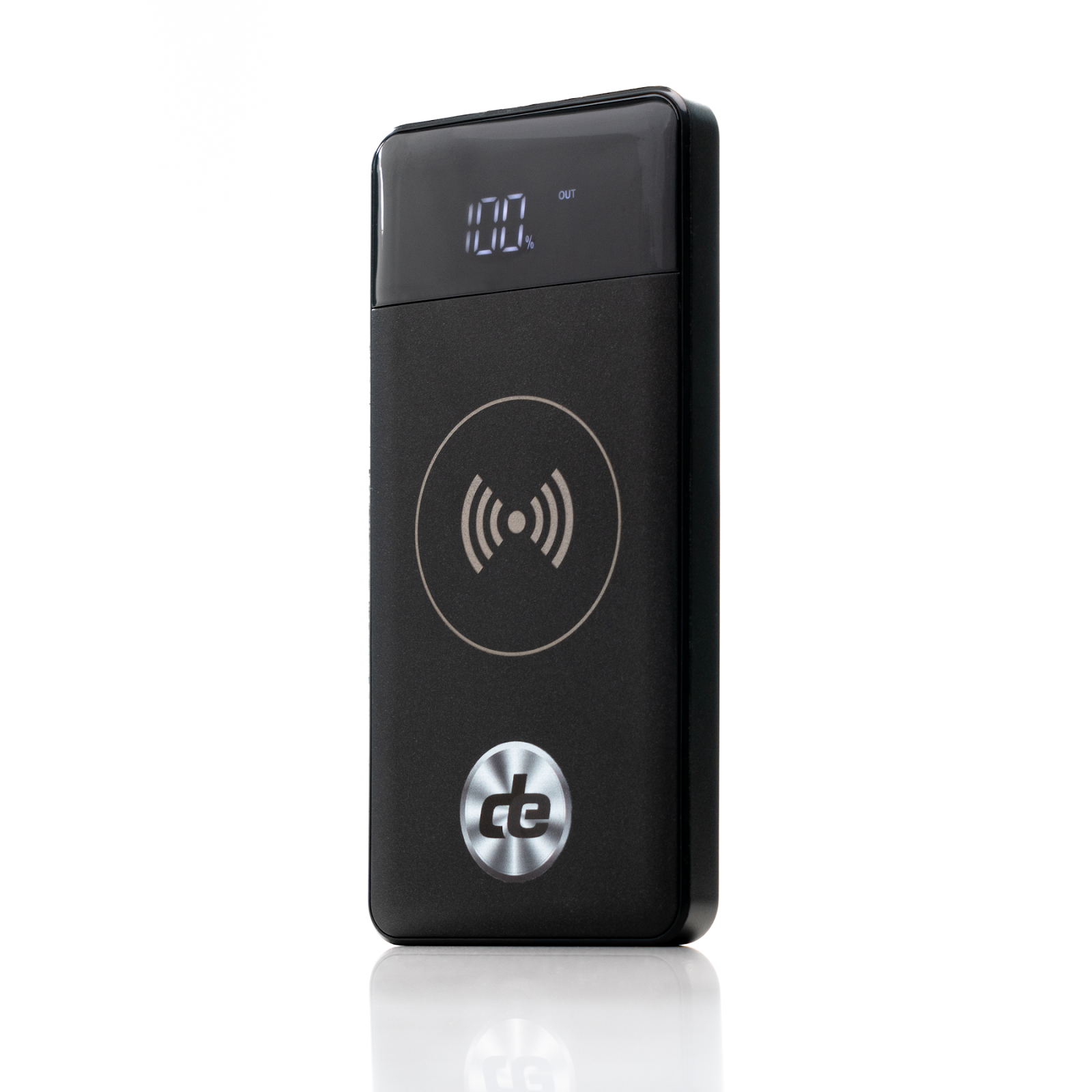 Decibel Electronics Power Qi  Powerbank standing up with display visible