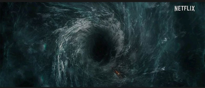 Navio Kerberos, a ponto de ser engolido por uma cratera que se formou no meio do mar. (Reprodução: Trailer da série 1899 - Netflix)