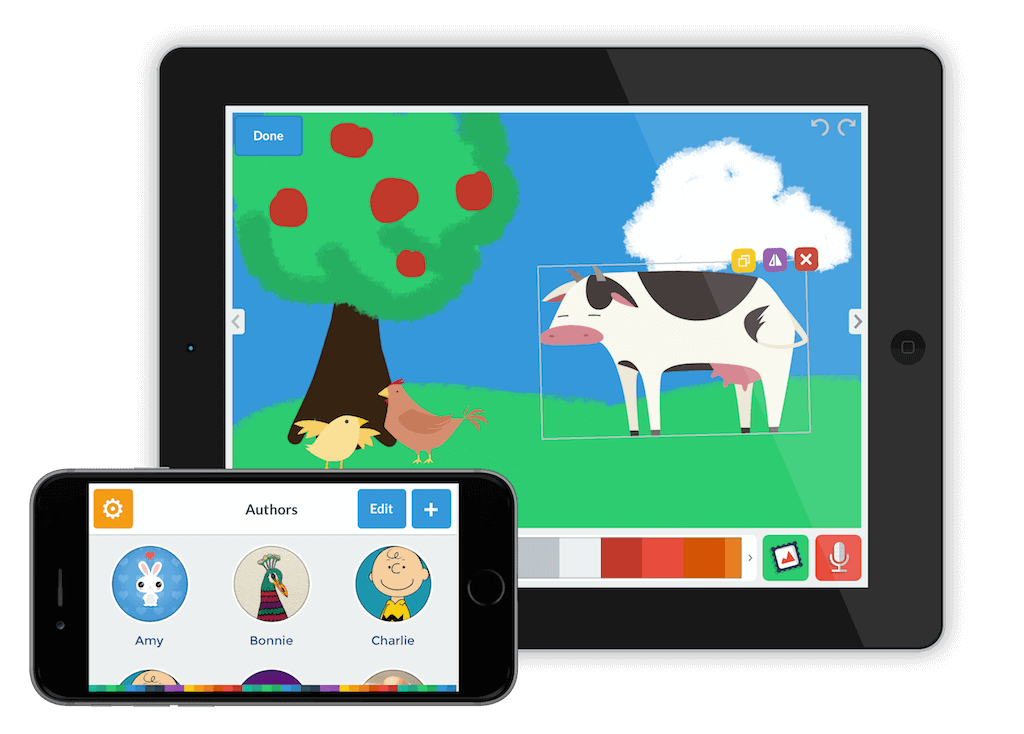 A screen of an ipad with a cartoon cow, an apple tree, a chicken and chick on green grass. Below it is an iphone screen with Charlie Brown, A bunny and a peacock as user avatars