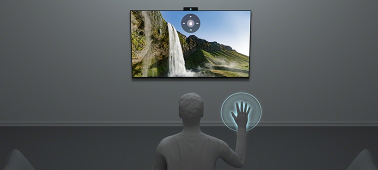 Graphic showing a person controlling TV by gesture control