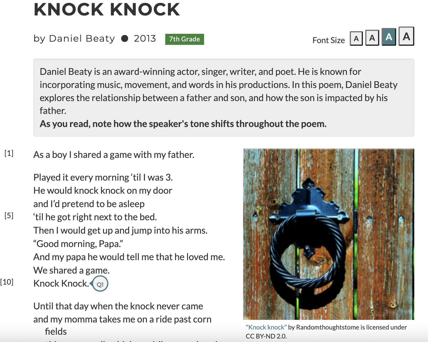 Screenshot of the first few verses of the poem “Knock Knock” by Daniel Beaty
