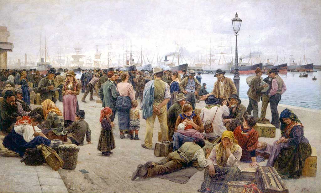 Pintura de Gli Emigranti, Angiolo Tommasi representando imigrantes italianos.