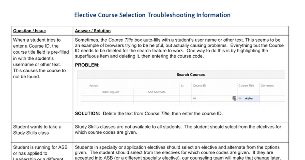 Course Selection Troubleshooting