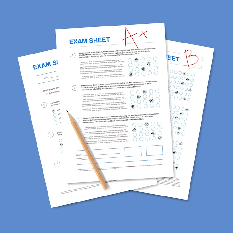 A realistic composition of a test paper with a stack of pencils and students' paperwork filled with marks and correct answers.
