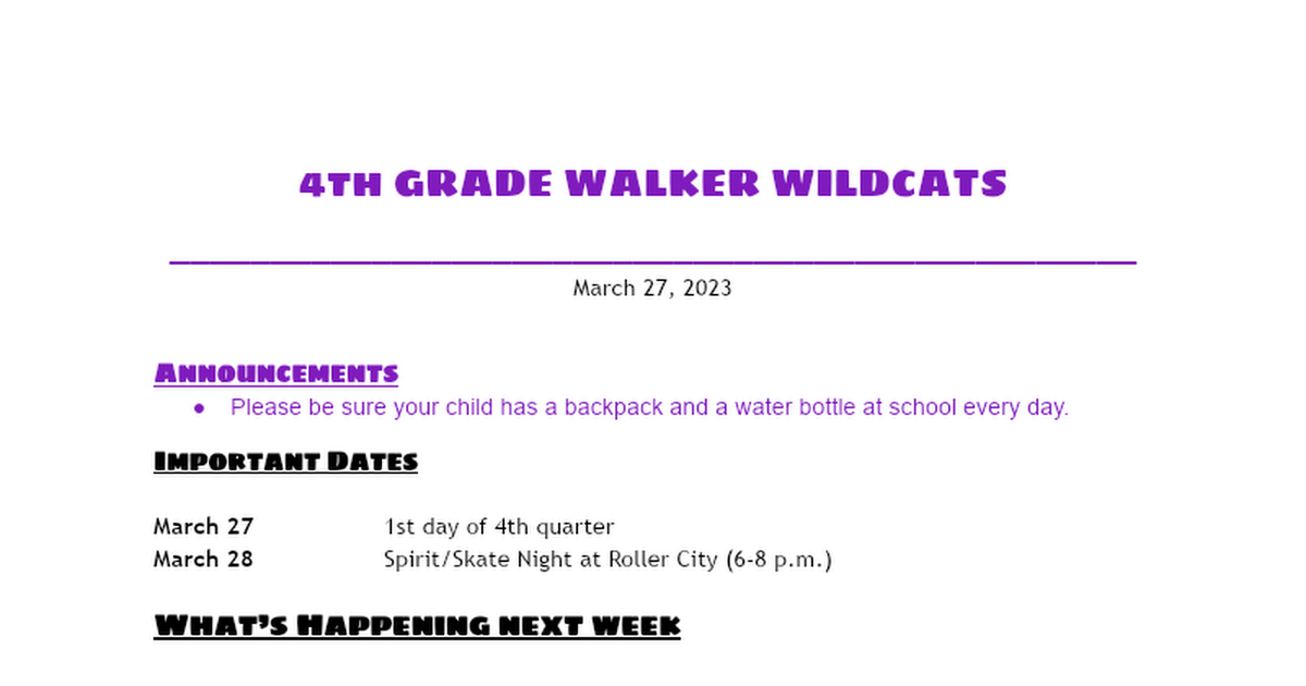 4th Grade Newsletter 3/27/23