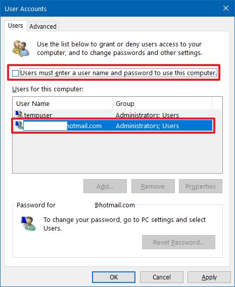 netplwiz settings on Windows 10