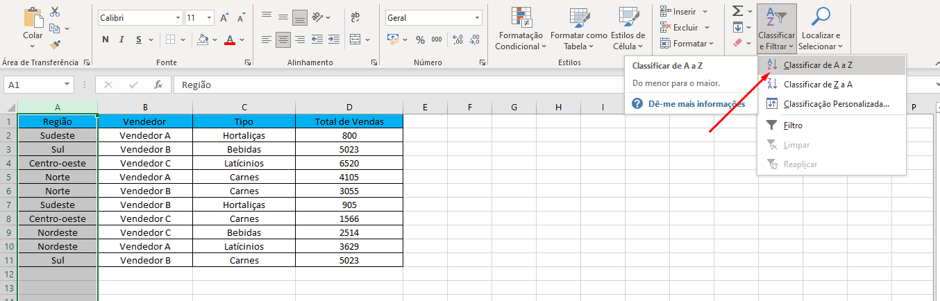 Organizando Colunas com Classificar e Filtrar 