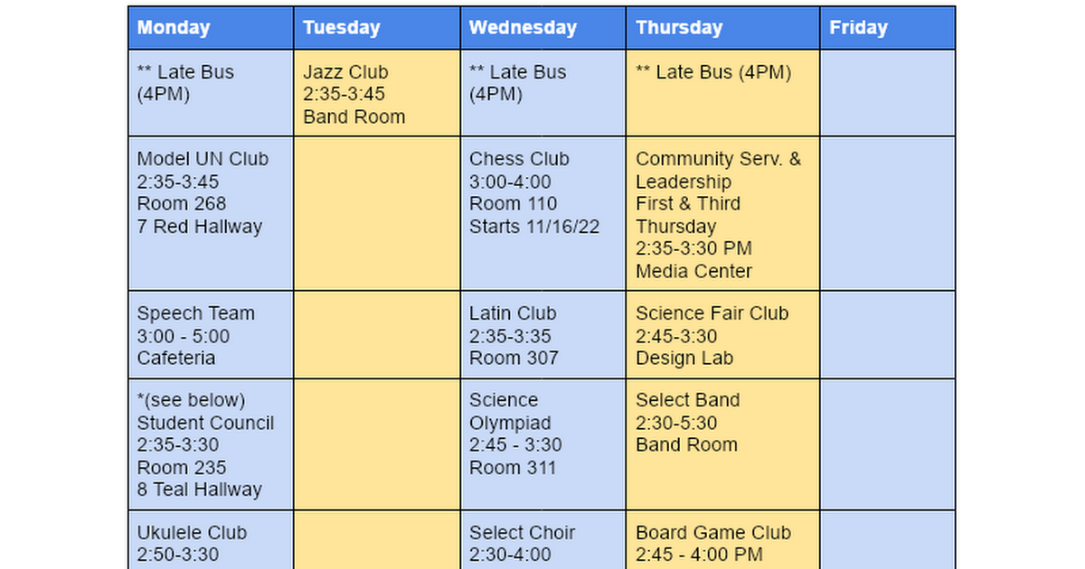 Clubs/Activities Calendar