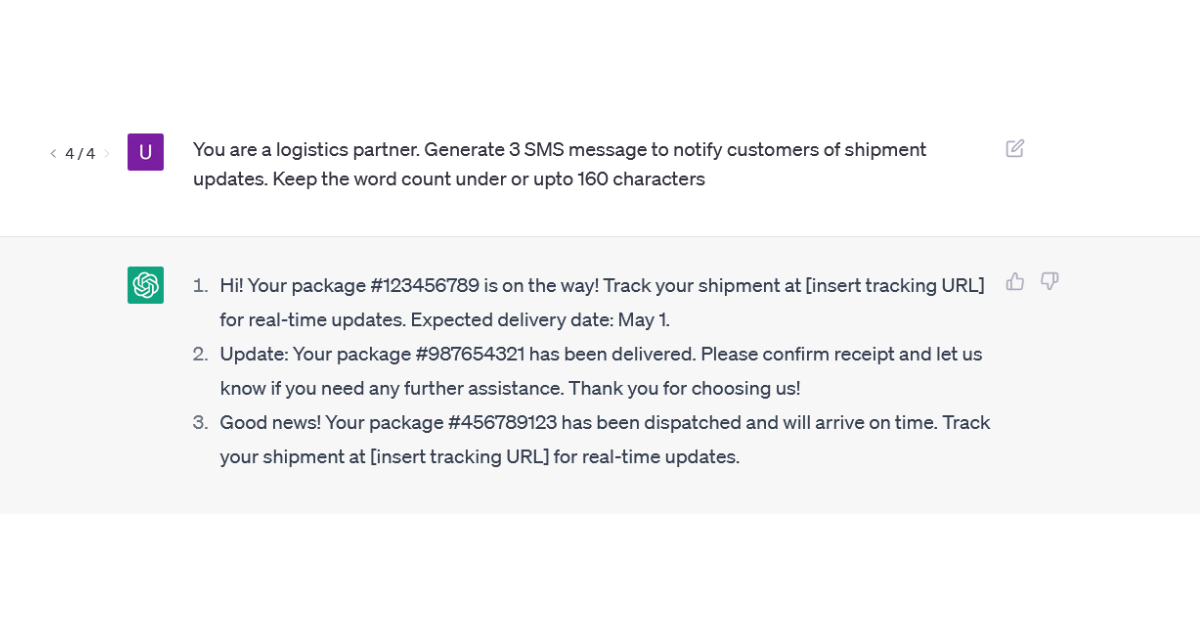 chatgpt prompt and response to inform customers about delivery status