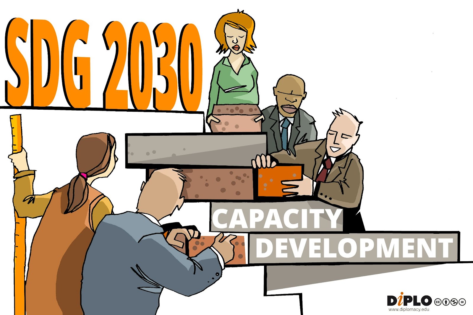 A group of diverse individuals builds strong, brick steps to SDG 2030, constructing a foundation on capacity development.