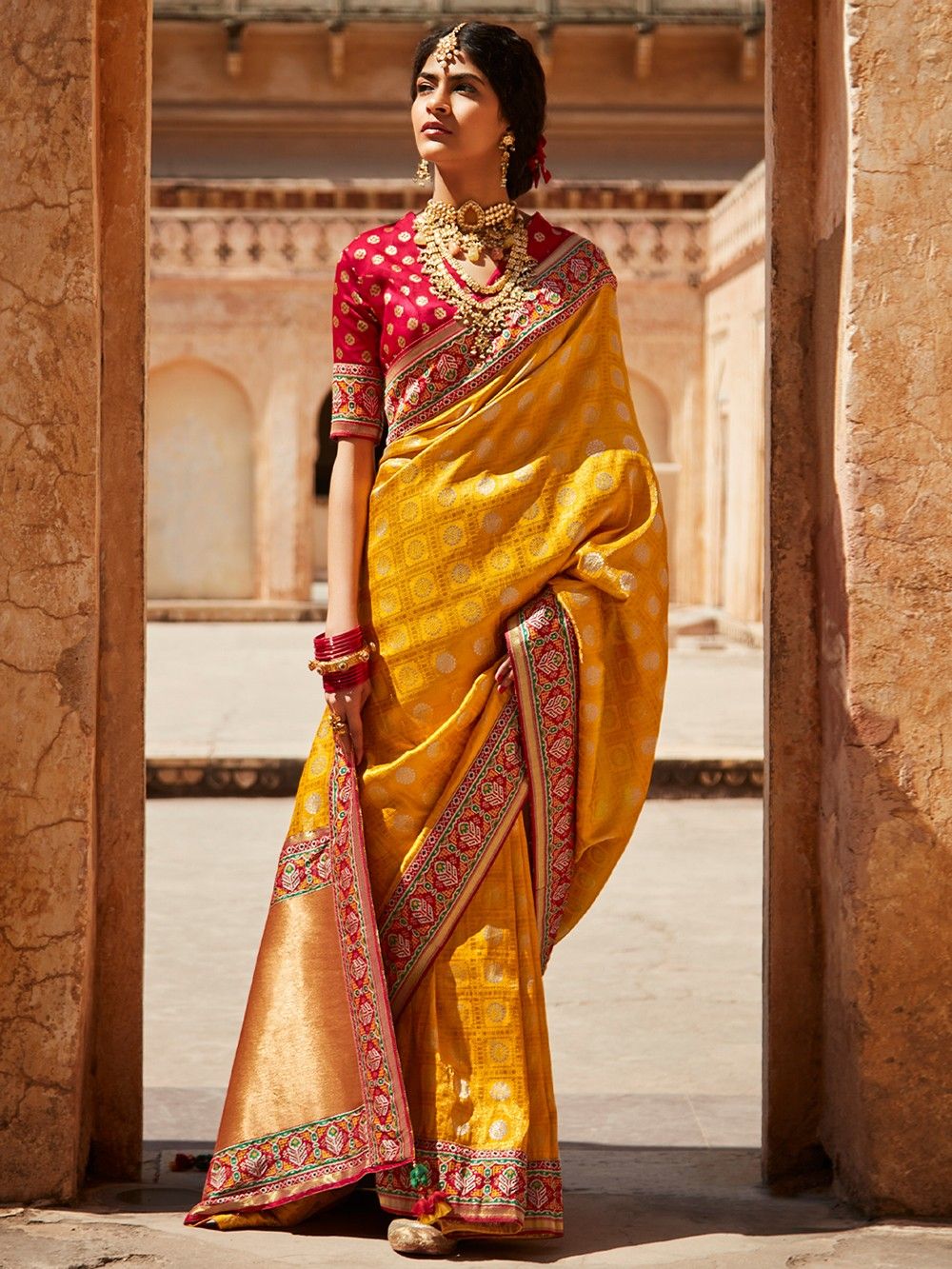 the loom - Yellow Red Zari Woven Banarasi Silk Blend Saree