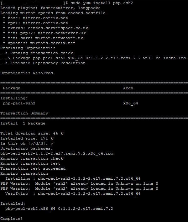 sudo yum install php-ssh2