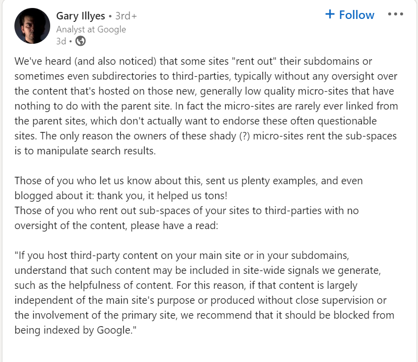 Google Helpful Content Update - Gary Illyes Post on LinkedIn