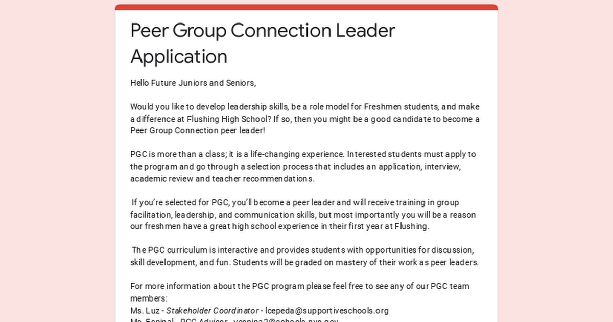 Peer Group Connection Leader Application