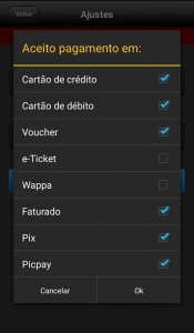 Opções de pagamento no aplicativo da Machine